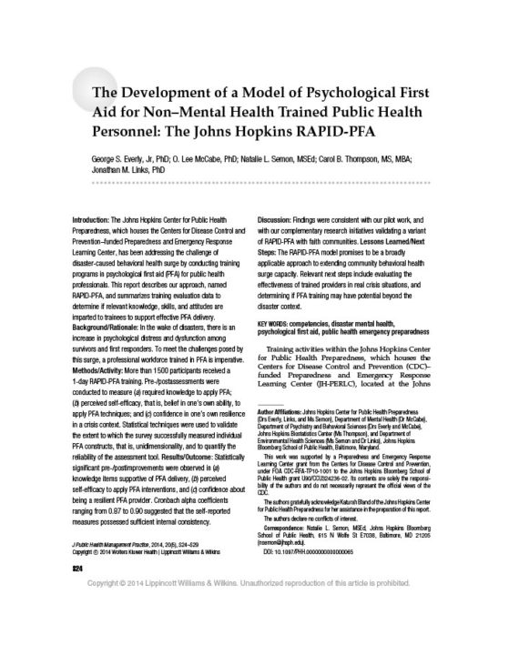 the-development-of-a-model-of-psychological-first-aid-for-non-mental-health-trained-public-health-personnel-the-johns-hopkins-rapid-pfa