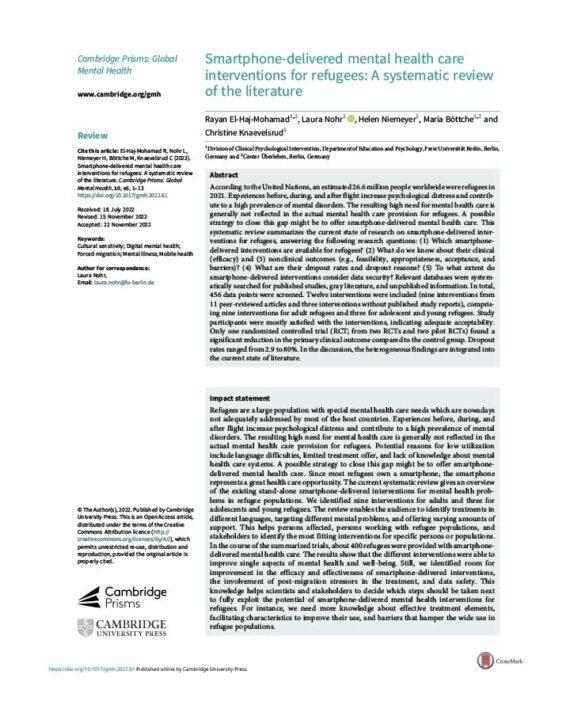 smartphone-delivered-mental-health-care-interventions-for-refugees-a-systematic-review-of-the-literature